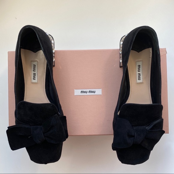 Miu Miu Black Suede Bow Jeweled Donna Loafers 38 - Picture 4 of 12